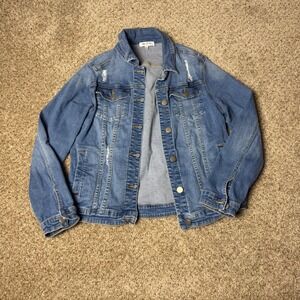 Aiden & Oak Womens Distressed Denim Jacket Medium Wash Blue XL Stretch